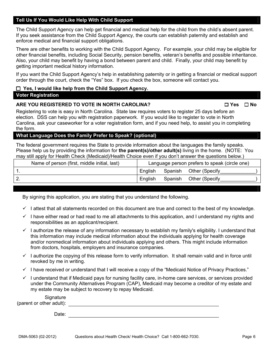 Form DMA-5063 Health Check (Medicaid) Nc Health Choice for Children Application - North Carolina, Page 6
