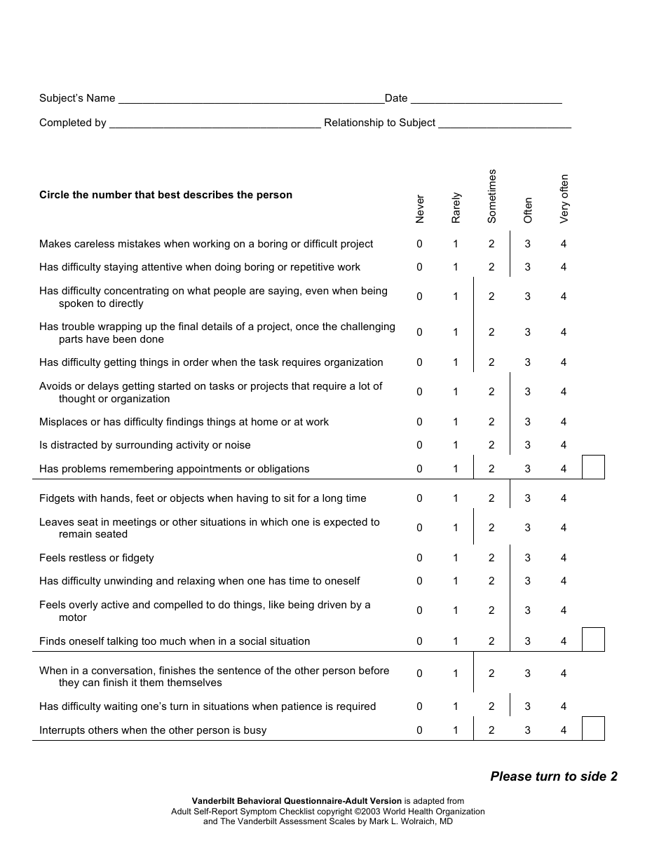 Adult Self-report Symptom Checklist Template - Fill Out, Sign Online ...