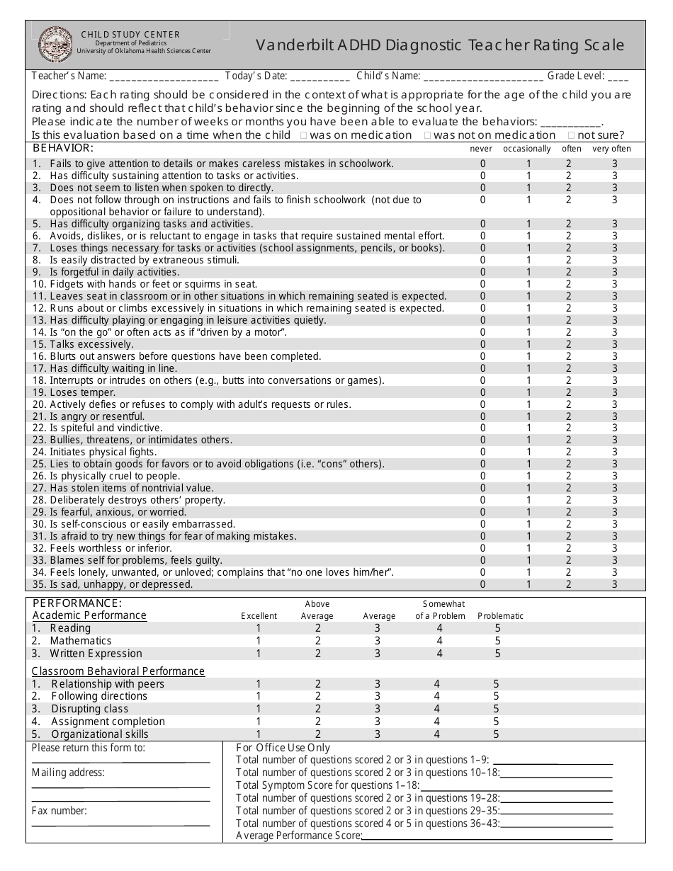 Document Preview - Vanderbilt ADHD Diagnostic Teacher Rating Scale