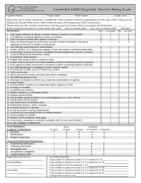 Vanderbilt Adhd Diagnostic Teacher Rating Scale University Of 