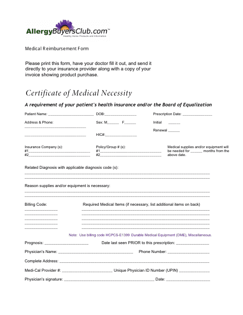 Certificate of Medical Necessity Form - Allergy Buyers Club