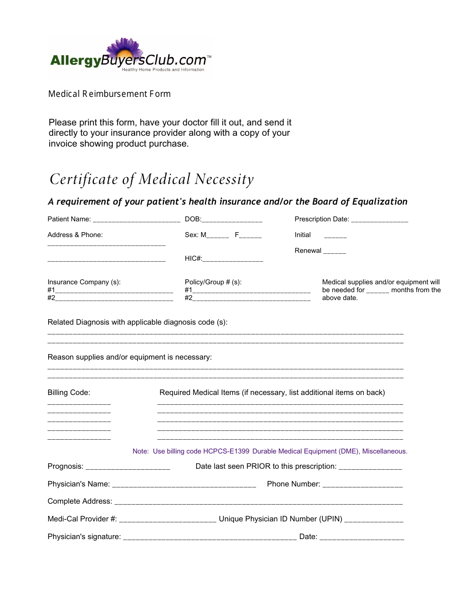 Certificate of Medical Necessity Form - Allergy Buyers Club, Page 1