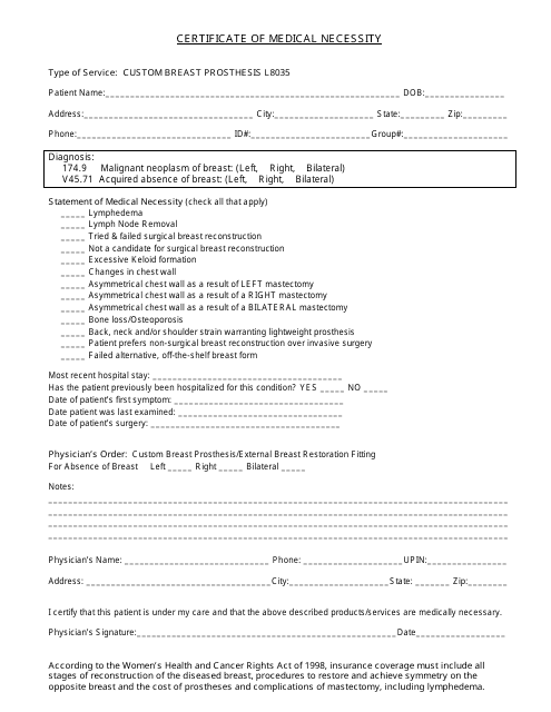 Certificate of Medical Necessity Form - Custom Breast Prosthesis L8035