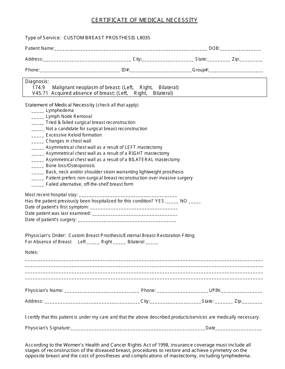 Certificate of Medical Necessity Form - Custom Breast Prosthesis L8035, Page 1