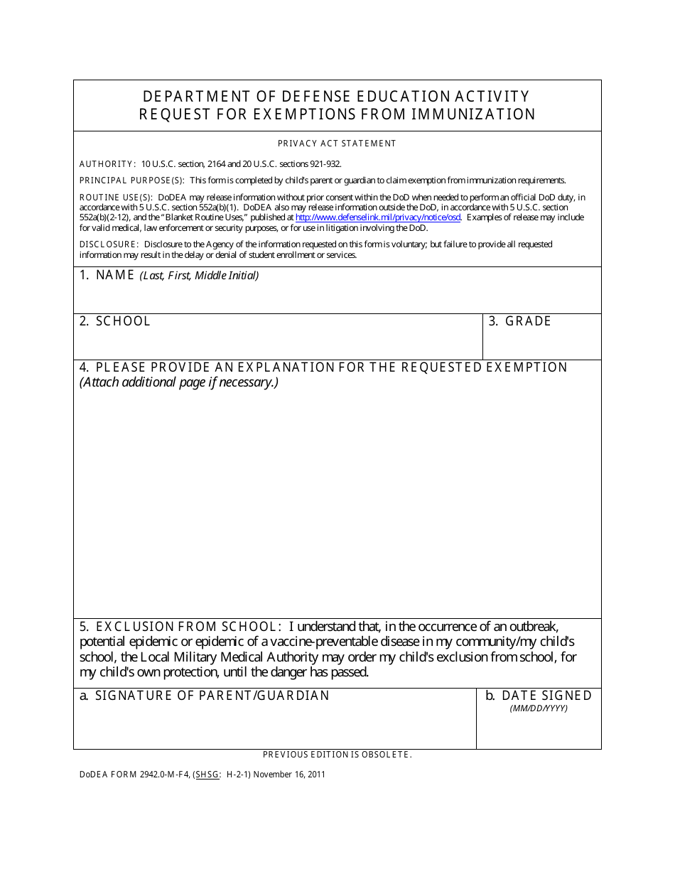 DoDEA Form 2942.0-M-F4 Request for Exemptions From Immunization, Page 1
