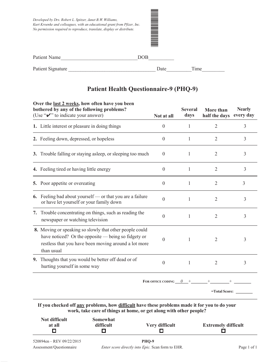 Patient Health Questionnaire-9 Form, Page 1