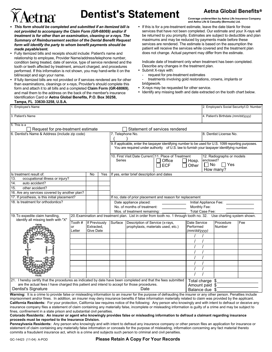 Form GC-14423 Dentist's Statement - Aetna - Florida, Page 1