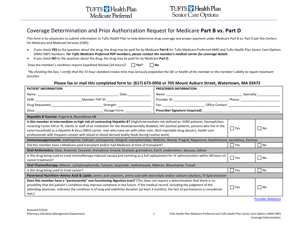 Coverage Determination Form and Prior Authorization Request for Medicare Part B VS. Part D - Tufts, Page 1