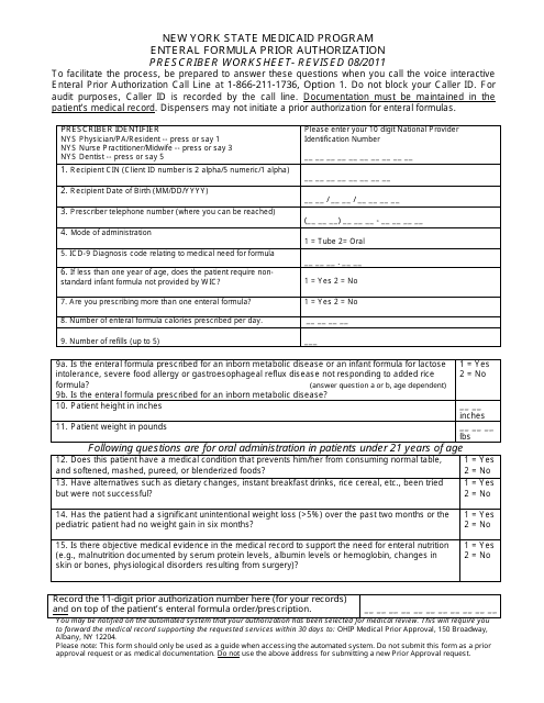 Enteral Formula Prior Authorization Prescriber Worksheet - New York State Medicaid Program - New York