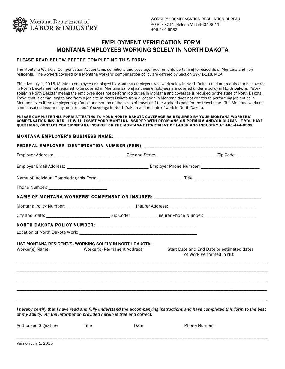 Montana Employment Verification Form Montana Employees Working Solely