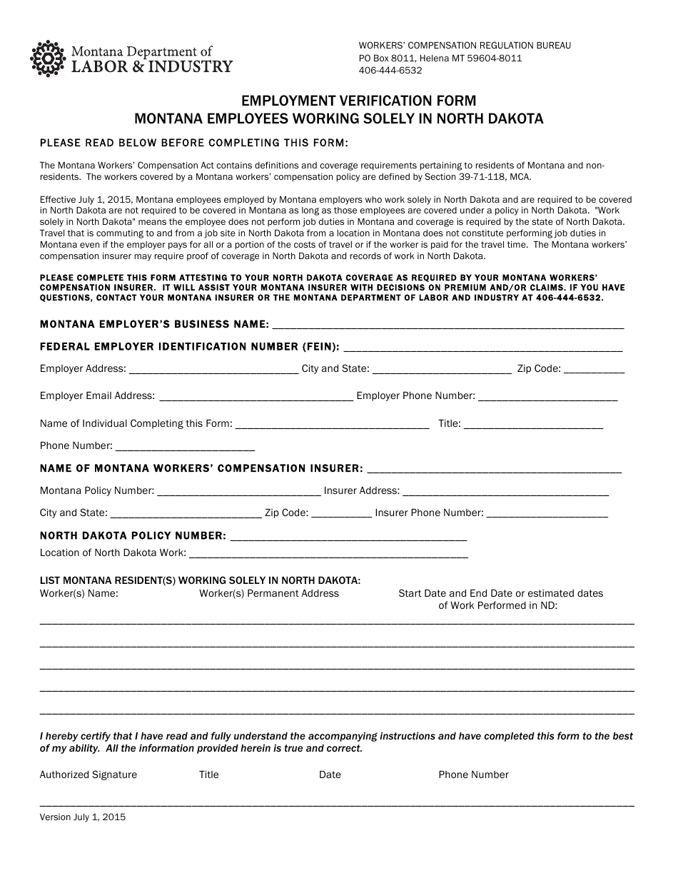 Employment Verification Form - Montana Employees Working Solely in North Dakota - Montana, Page 1