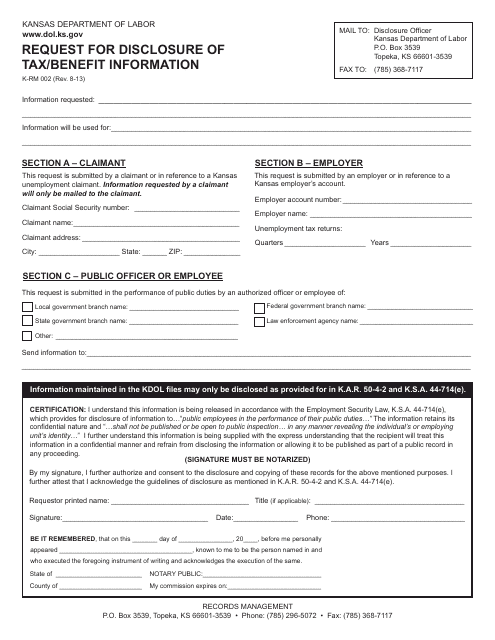 Form K-RM002 Request for Disclosure of Tax/Benefit Information - Kansas
