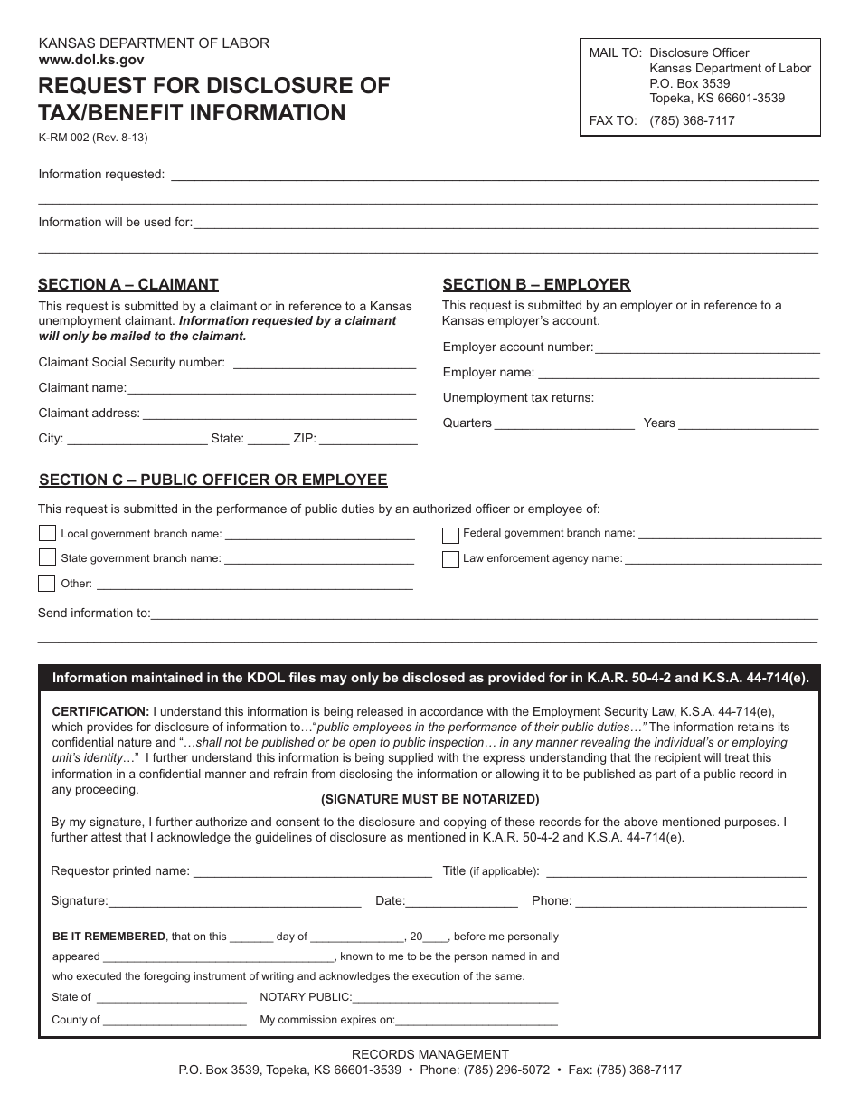Form K-RM002 Request for Disclosure of Tax / Benefit Information - Kansas, Page 1
