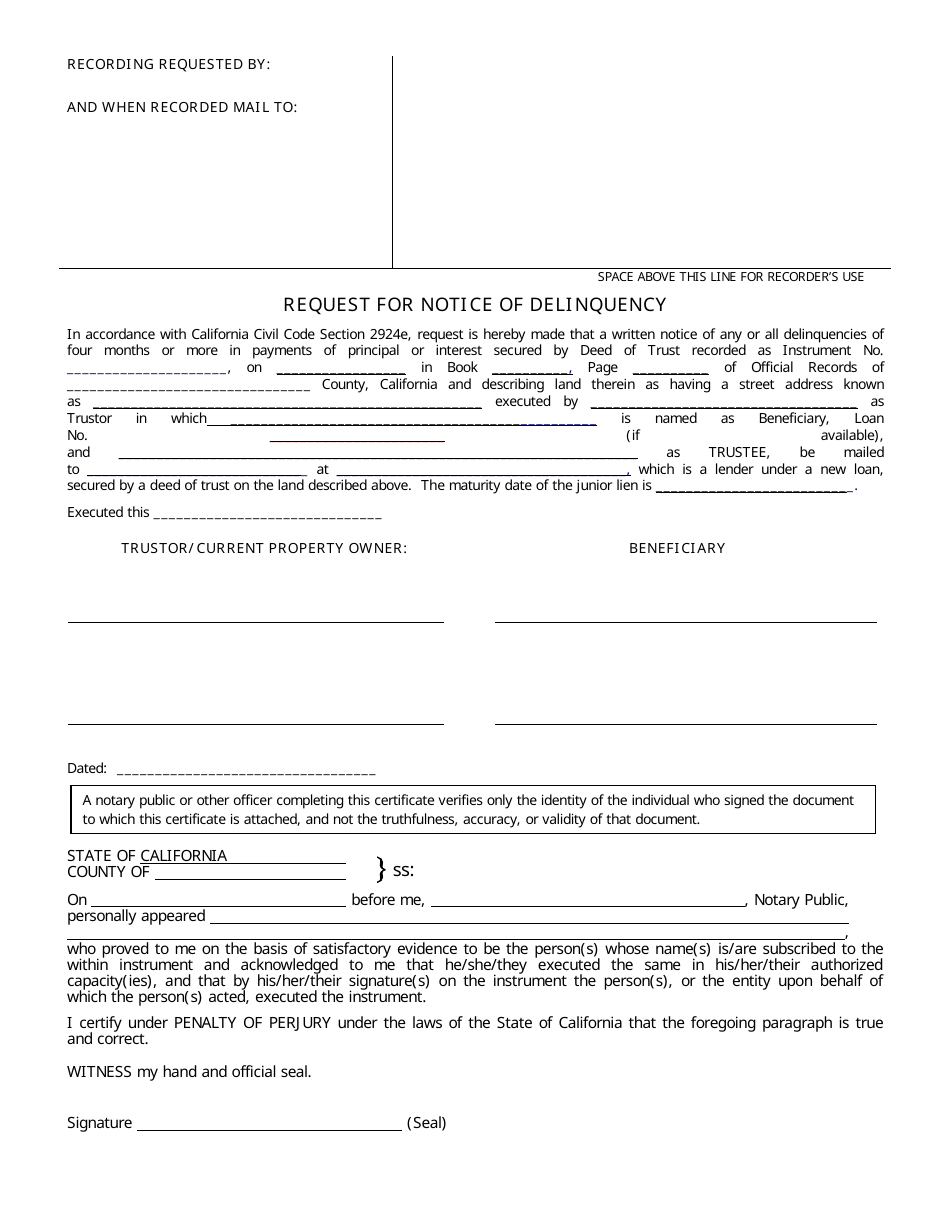 Request for Notice of Delinquency Form - California, Page 1