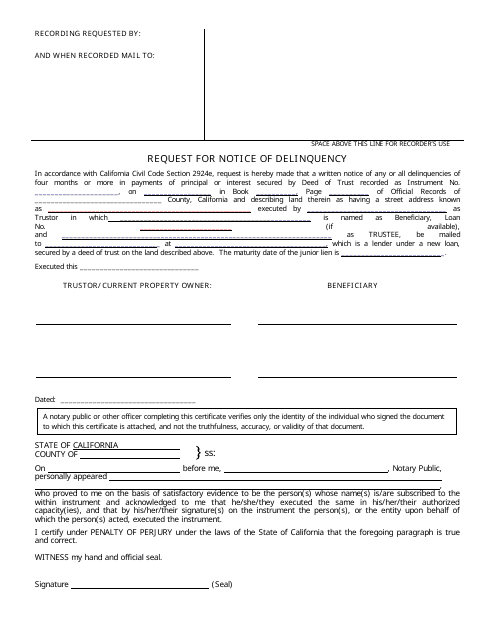 Request for Notice of Delinquency Form - California Download Pdf