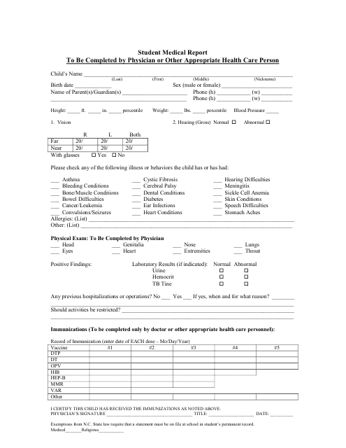 Student Medical Report Form - Small Table