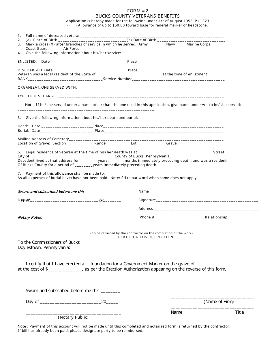 DMVA Form 2 Veterans Benefits Form - Bucks County, Pennsylvania, Page 1