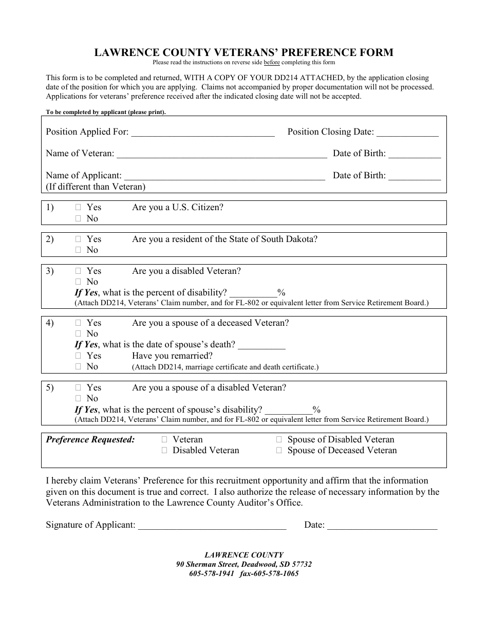Veterans Preference Form - Lawrence County, South Dakota, Page 1