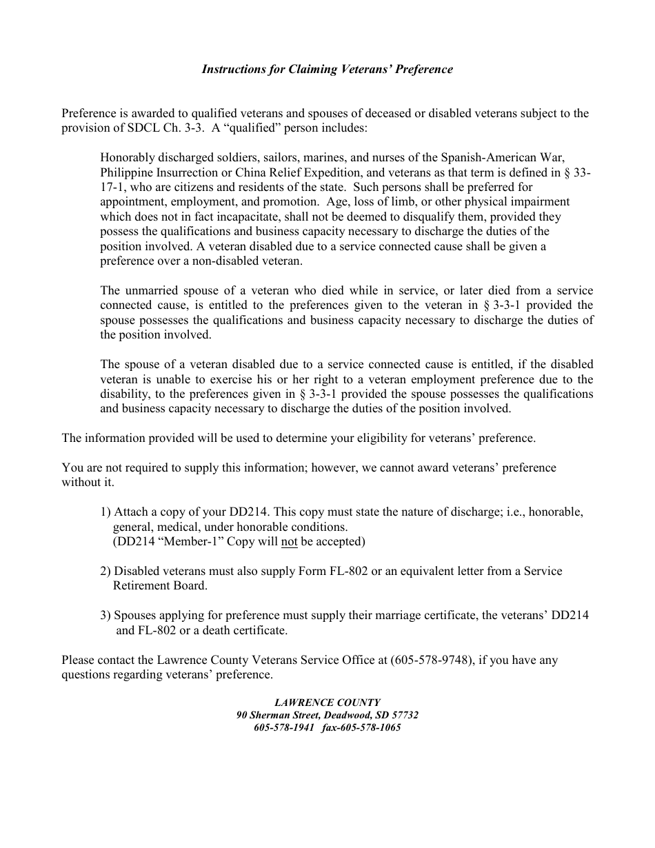 Veterans Preference Form - Lawrence County, South Dakota, Page 2