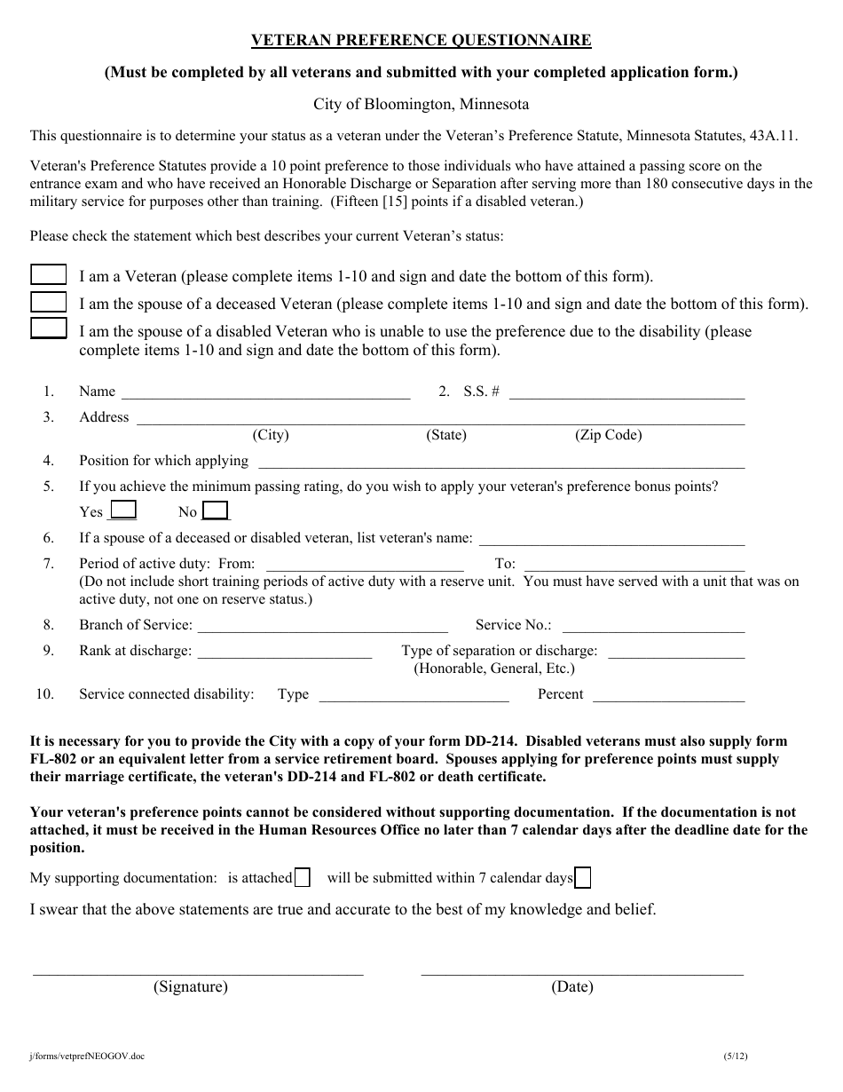 Veteran Preference Questionnaire Form - City of Bloomington, Minnesota, Page 2
