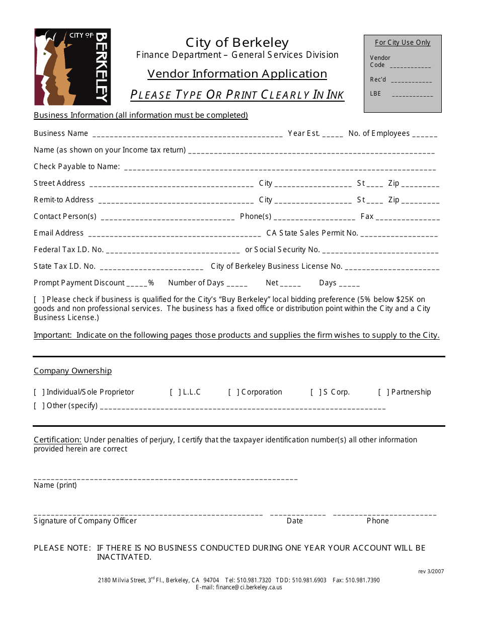 City of Berkeley, California Vendor Information Application Form Fill
