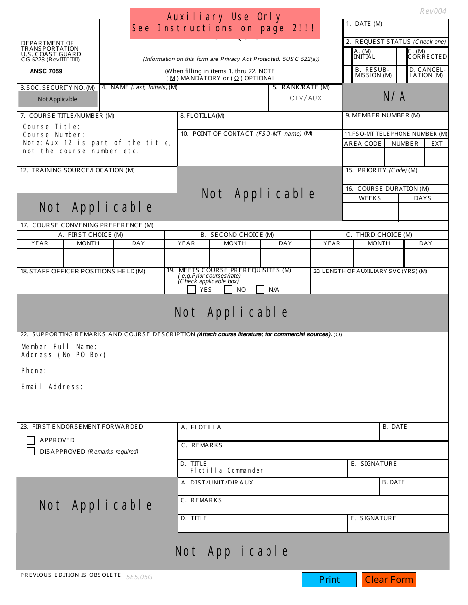 Form CG-5223 (ANSC7059) Short Term Resident Training Request, Page 1