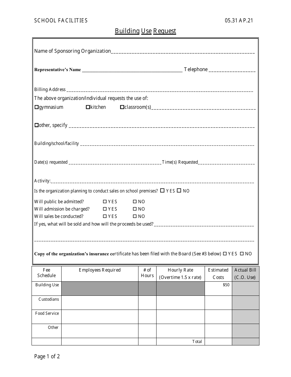 Building Use Request Form - School Facilities, Page 1