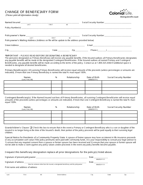 Form 17075-16 Change of Beneficiary Form - Colonial Life - South Carolina