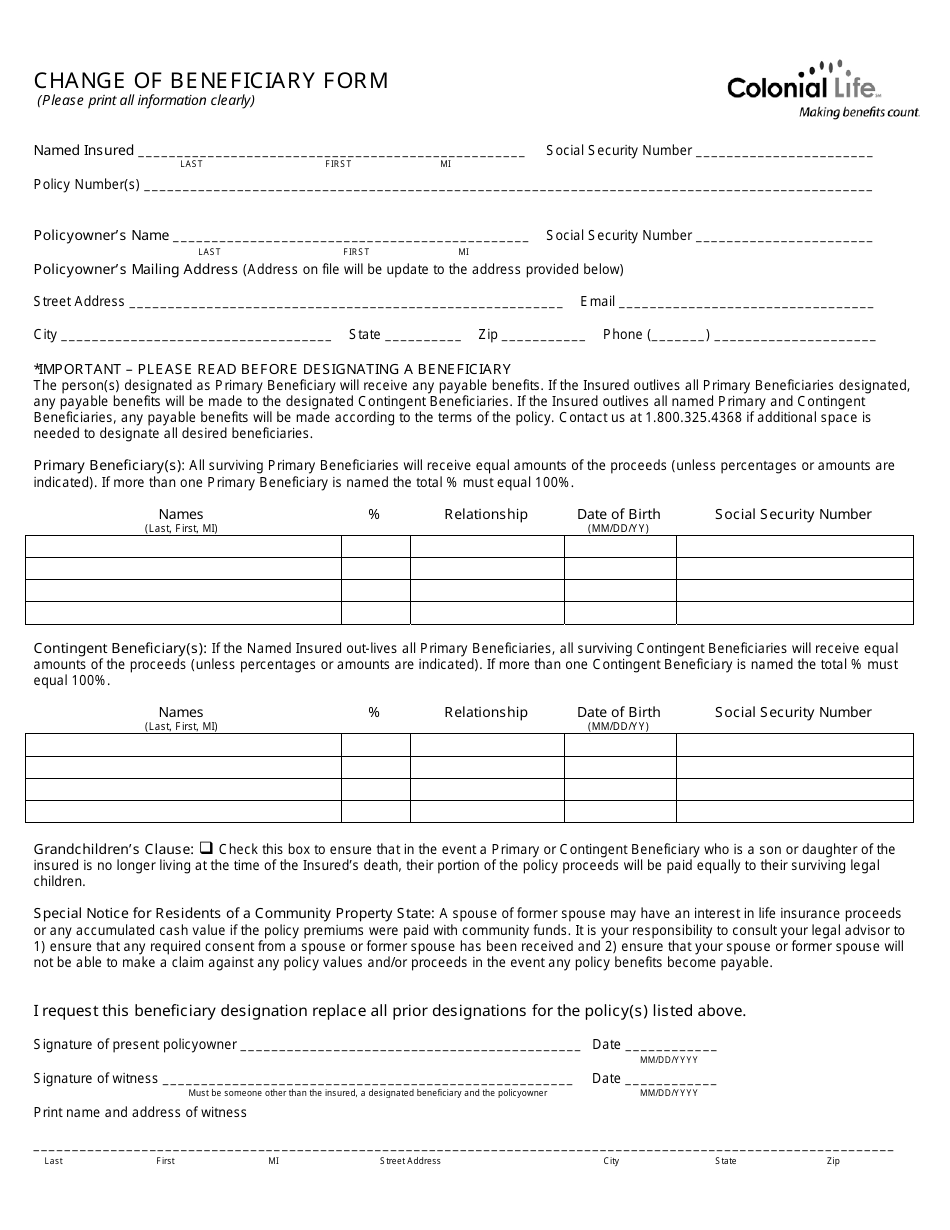 Form 17075-16 Change of Beneficiary Form - Colonial Life - South Carolina, Page 1