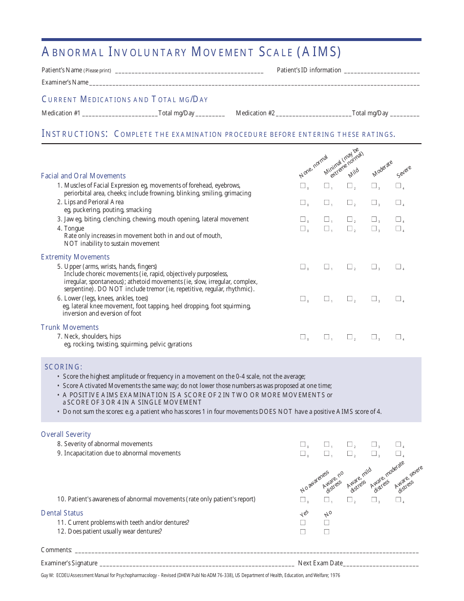 New Hampshire Abnormal Involuntary Movement Scale (aims) - Fill Out 