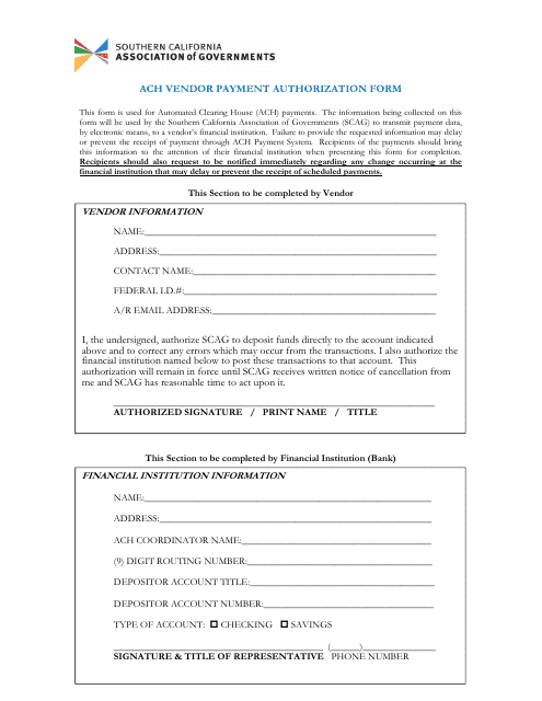 ACH Vendor Payment Authorization Form - Association of Governments - California