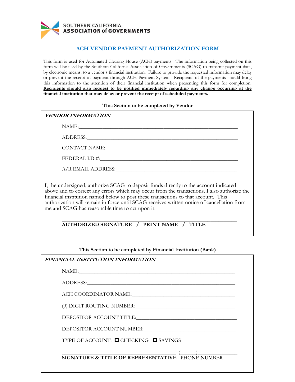 ACH Vendor Payment Authorization Form - Association of Governments - California, Page 1