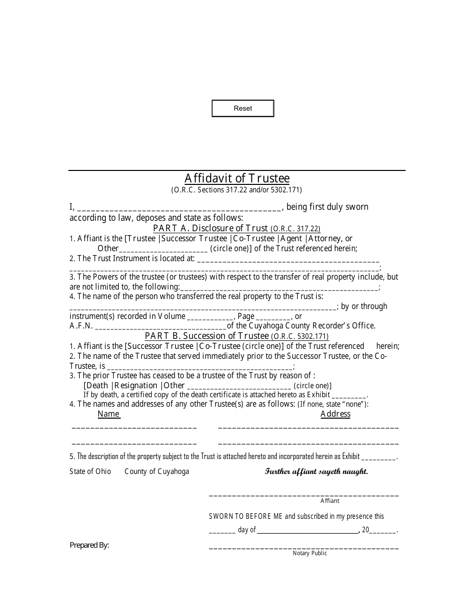 Affidavit of Trustee Form - Cuyahoga County, Ohio, Page 1