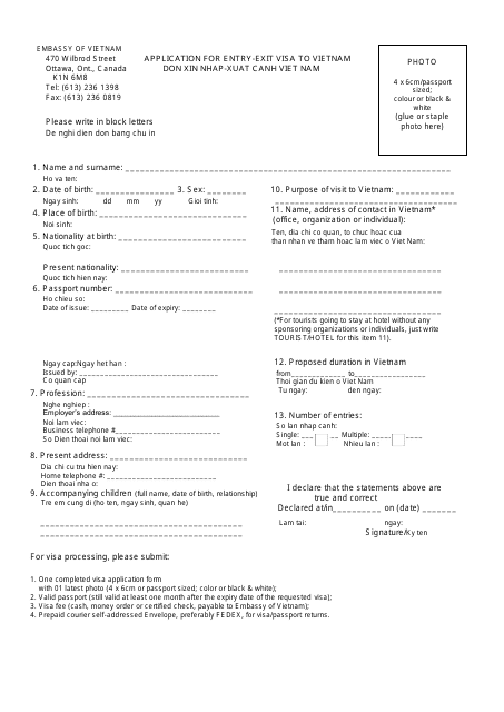 Application for Entry-Exit Visa to Vietnam - Embassy of Vietnam - Ottawa, Ontario, Canada (English / Vietnamese) Download Pdf