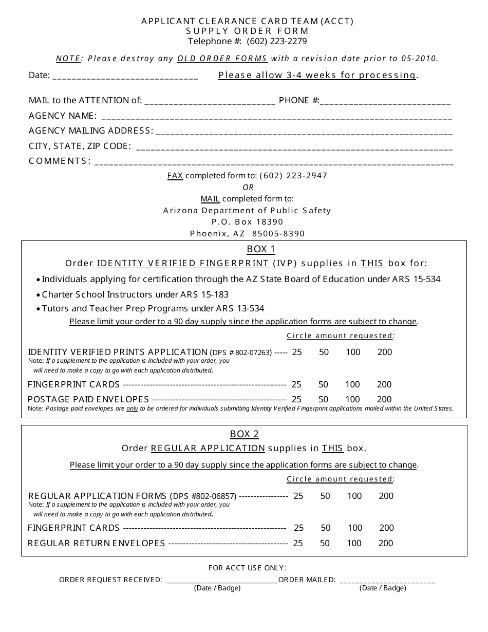 Applicant Clearance Card Team (Acct) Supply Order Form - Arizona, Page 1