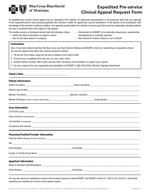Form 352192.1015 Expedited Pre-service Clinical Appeal Form - Bluecross Blueshield of Montana - Montana