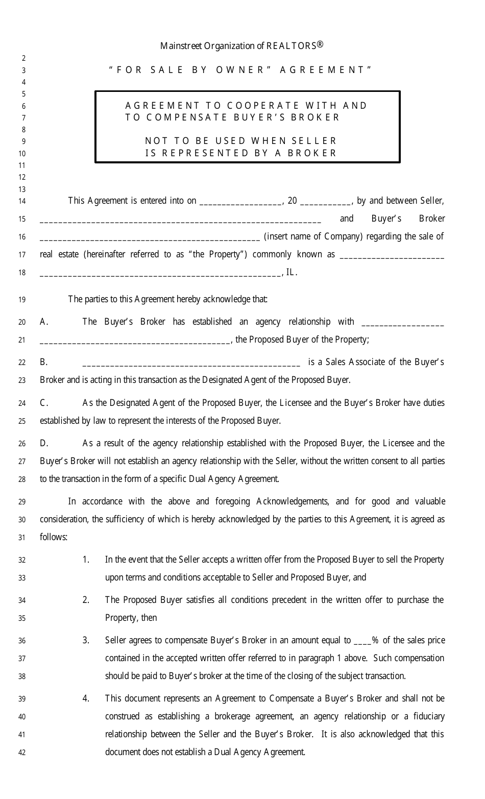 Agreement to Cooperate With and to Compensate Buyers Broker - Mainstreet Organization of Realtors - Illinois, Page 1