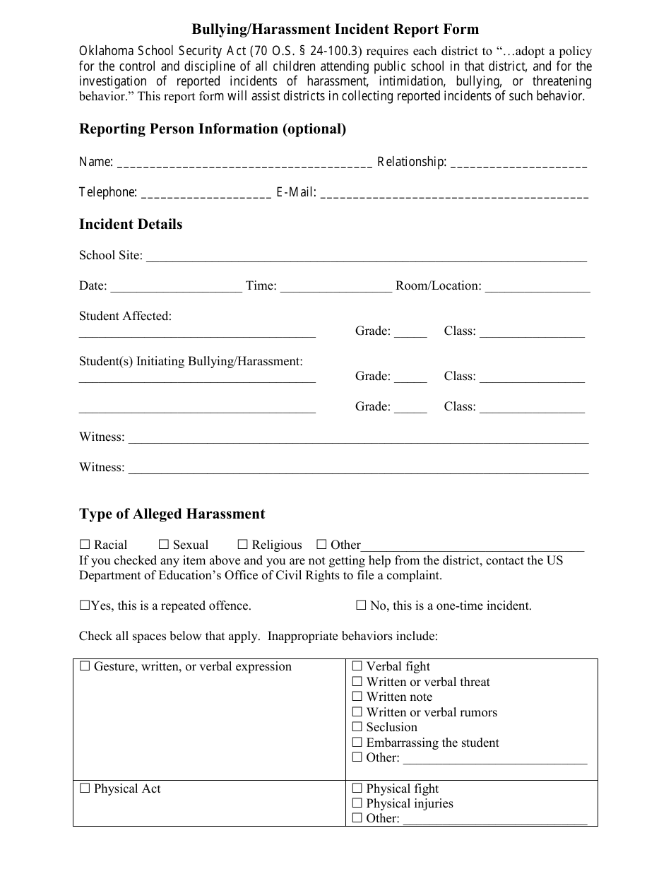 Oklahoma Bullying/Harassment Incident Report Form Download Fillable PDF ...