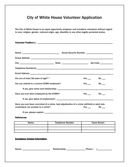 &quot;Volunteer Application Form&quot; - City of White House, Tennessee Download Pdf