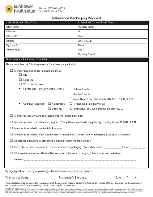 Adherence Packaging Request Form - Sunflower Health Plan
