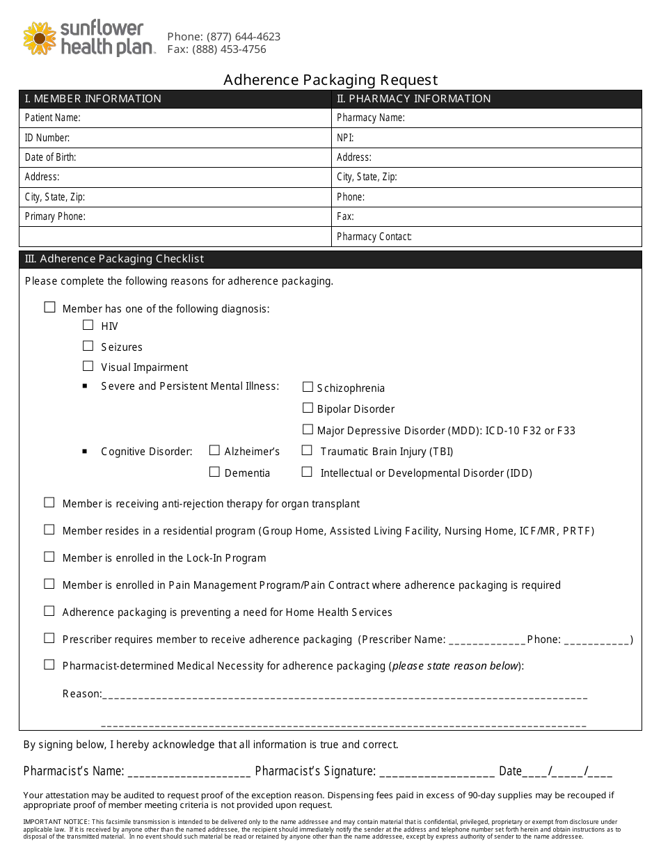 Adherence Packaging Request Form - Sunflower Health Plan, Page 1