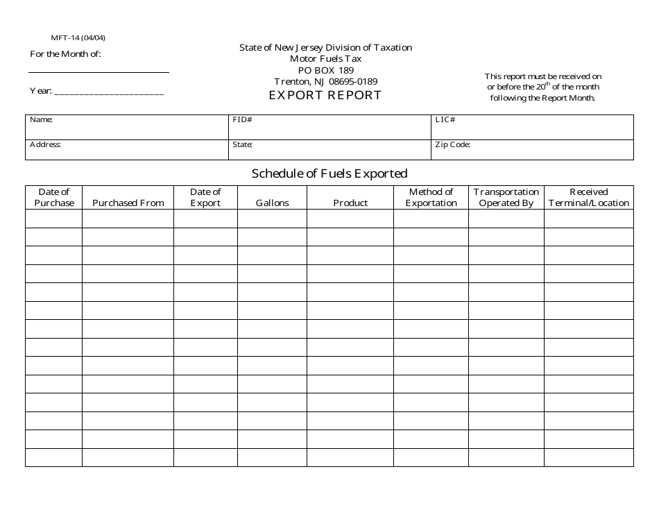 Form MFT-14 Export Report - New Jersey, Page 1