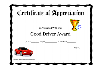 Document preview: Good Driver Award Certificate Template - Red Car