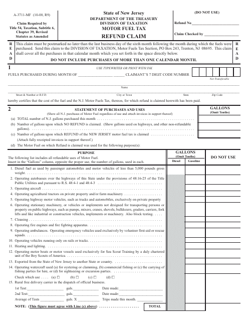 Form A-3711-MF Motor Fuel Tax Refund Claim - New Jersey
