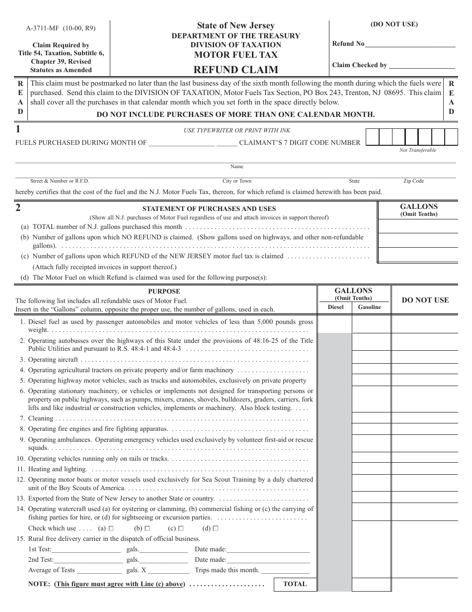 Form A-3711-MF Motor Fuel Tax Refund Claim - New Jersey, Page 1