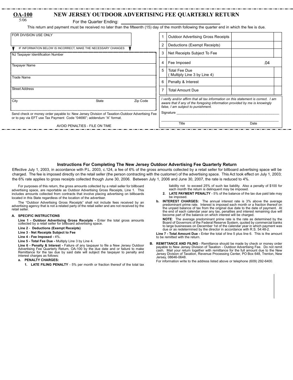 Form OA-100 New Jersey Outdoor Advertising Fee Quarterly Return - New Jersey, Page 1