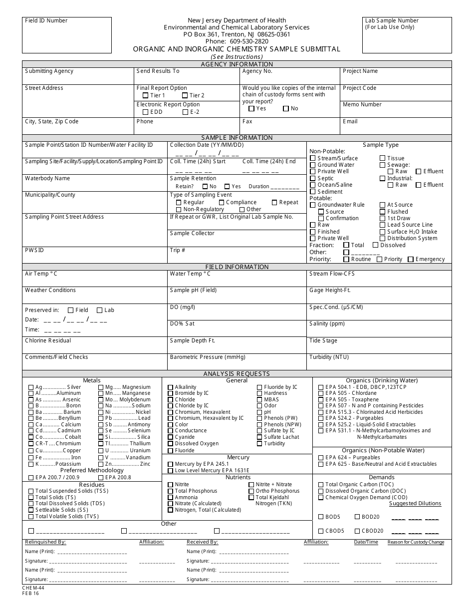 Form CHEM-44 Organic and Inorganic Chemistry Sample Submittal - New Jersey, Page 1