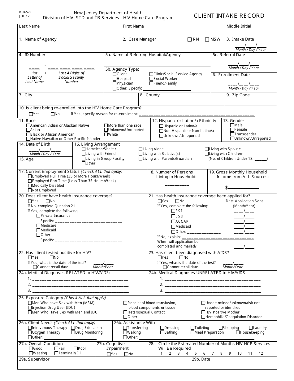 Form DHAS-9 Client Intake Record - HIV Home Care Program - New Jersey, Page 1