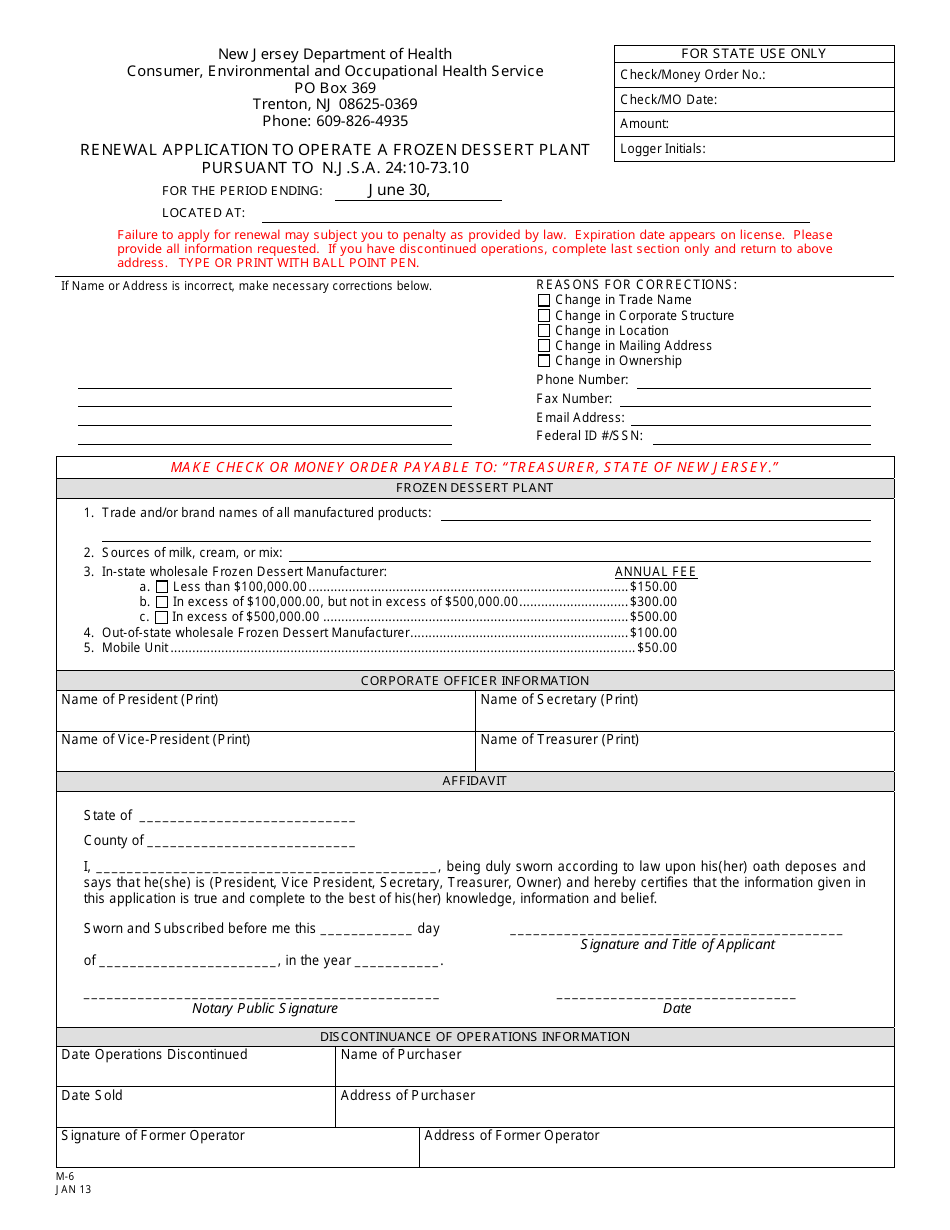 Form M-6 Renewal Application to Operate a Frozen Dessert Plant - New Jersey, Page 1
