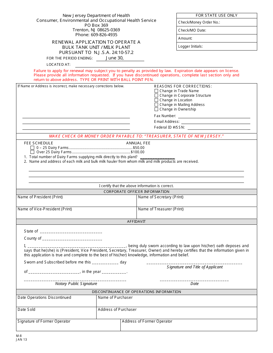 Form M-8 Renewal Application to Operate a Bulk Tank Unit / Milk Plant - New Jersey, Page 1